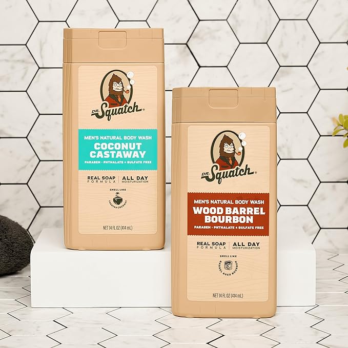 Dr. Squatch NEW Body Wash for Men with Nourishing, Natural Ingredients | No Paraben, Phthalate, Sulfate | All Day Moisture | Long Lasting Scent | Coconut Castaway & Wood Barrel Bourbon (14 oz, 2-Pack)