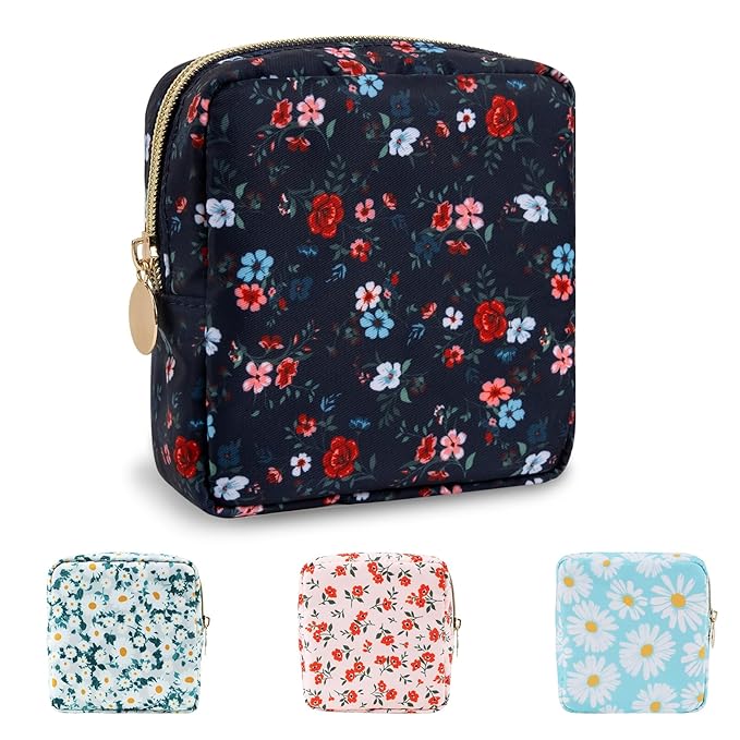 Waterproof Mini Floral Makeup Bag Pouch for Purse,Nylon Flower Cosmetic Travel Bag Small Preppy Toiletry Organizers Bag for Women Girl,Cute Zipper Pouch Coin Purse for Work(Mini Black-Flowers)