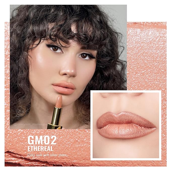 Oulac Matte Pinky Nude Lipstick with Glow Metallic Finish - Vegan Lipstick for Women, Creamy Texture, Hydrating Clean Beauty Formula, High-End Magnetic Hook Design, GM02 Ethereal