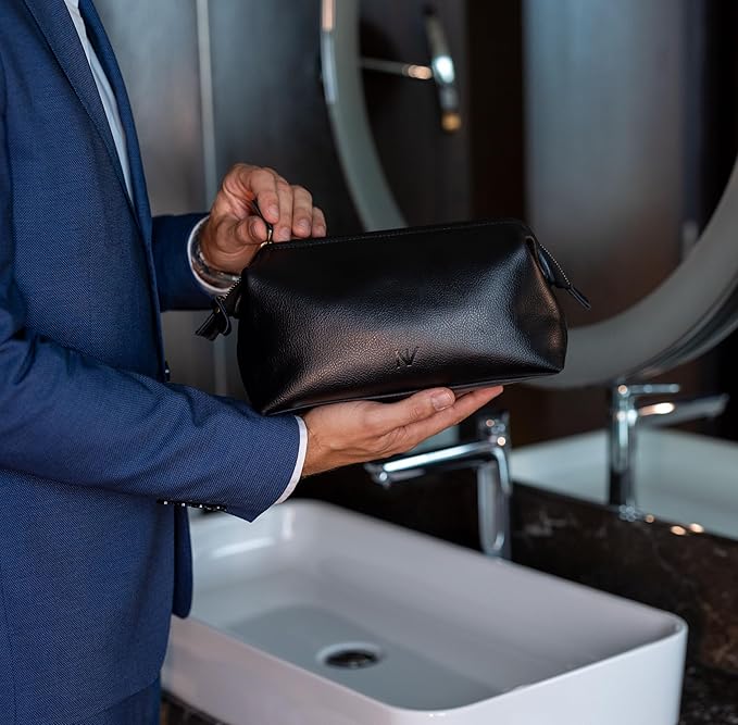 NV Holders Premium Genuine Leather Toiletry Bag for Men - The Ultimate Travel Dopp Kit and Hygiene Organizer, Perfect Men's Toiletry Travel Bag (Black)