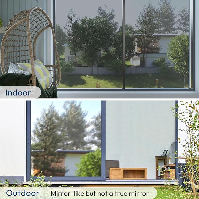 rabbitgoo Window Privacy Film One Way Window Tint for Home, Removable Reflective Heat Sun Blocking Anti UV Glass Door Covering, Mirror Tinting Film House Office, 17.5 in X 6.5 Feet, Silver