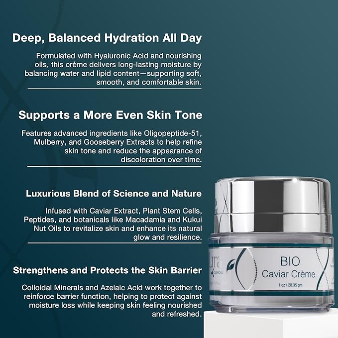 Lira Clinical BIO Caviar Crème - Daily Hydrating Facial Moisturizer with Advanced Peptide Complex and Vitamin C - Night Cream for Dry Skin - Travel Size Nourishing Cream for Skincare Routine - 1 oz