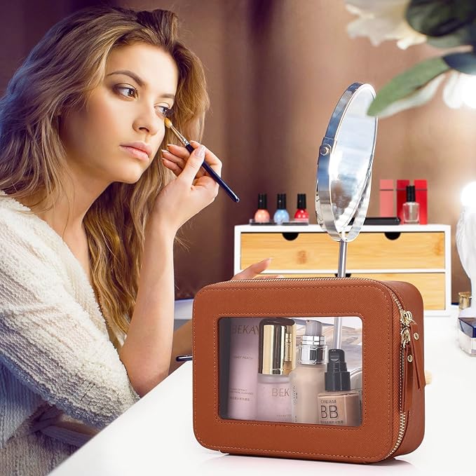 Pinkmik Clear Makeup Bag for Women Waterproof Travel Cosmetics and Toiletries Case Portable Makeup Oaganizer Bag Clear Car Bag with Zipper (X/Brown, M+L)