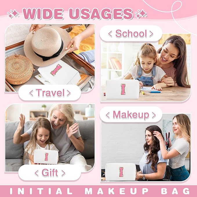 Small Personalized Initial A-Z Patch Makeup Bag,White Cute PU Leather Glitter Letter Cosmetic Bag for Teen Girls,Travel Toiletry Bag with Zipper,Preppy Monogrammed Birthday Gift for Daughter Niece I