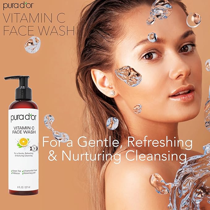 PURA D'OR Vitamin C Face Wash (8oz x3 = 24oz) Antioxidant Rich Facial Cleanser For Radiant Glow & Even Skin Tone - Gentle, Refreshing, Nurturing, Hydrating, Sulfate & Paraben Free Formula