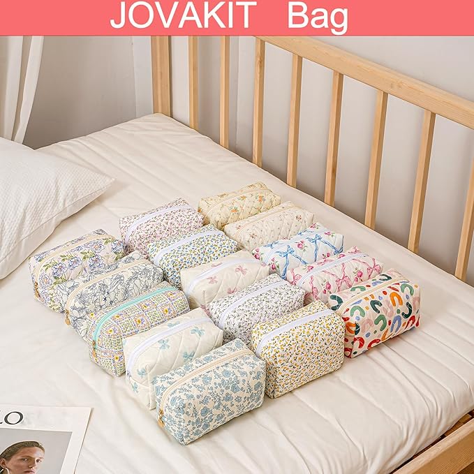 JOVAKIT Square Makeup Bag Cute Cosmetic Bag for Women, Floral Coquette Aesthetic Toiletry Bag, Zipper Make Up Pouch, Travel Make Up Organizer Bag (Pink Bowknot)