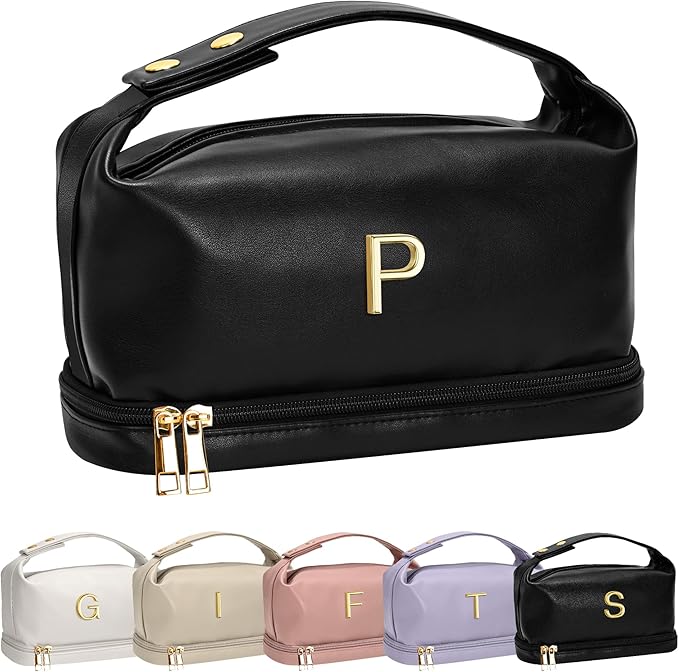 Teacher Gifts-Initial Makeup Bags Personalized Bags with Handle, Women Group Gift Cosmetic Bag, Women Makeup Bags Letter Travel Toiletry Bag with Makeup Brush Organizer-Graduation Gift