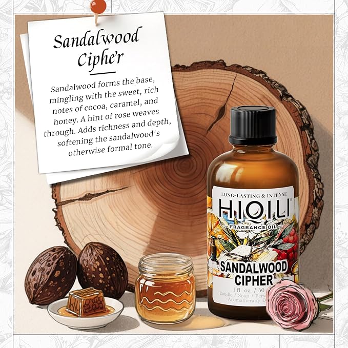 HIQILI Sandalwood Cipher Fragrance Oil for Diffuser, Candle & Soap, Perfume & Body Oil Making- Have Gourmand Notes, Long-Lasting - 1 Fl Oz