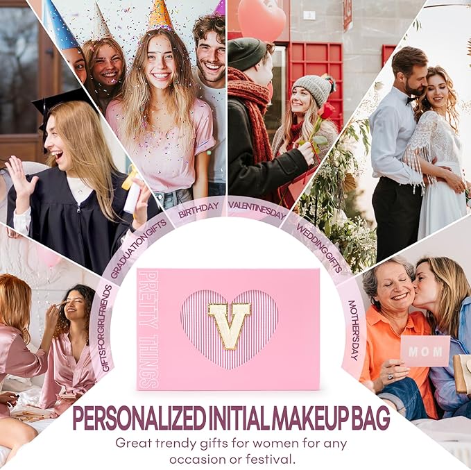 2 PCS Initial Makeup Bags for Women: Cosmetic Bag for Travel Toiletry - Birthday Gifts for 11 12 13 14 15 16 17 18 Years Old Girl Graduation Teacher Gift- Teen Girl Gifts Trendy Stuff - Pink V