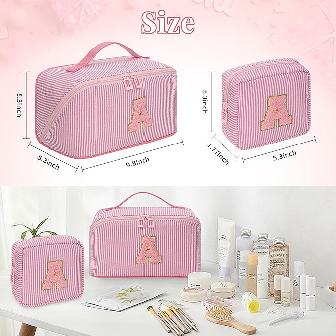 Travel Makeup Bag for Women, 2Pcs Portable Personalized Initial Makeup Organizer Bag, Open Flat Large Cosmetic Bag With Travel Essential Pouch (Pink Letter G)
