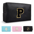 Personalized Initial A-Z Preppy Patch Makeup Bag,Small PU Chenille Letter Cosmetic Bag with Zipper for Teen Girls,Black Cute Toiletry Organizer Bag,Monogram Makeup Case Gift for Women Girls,Letter P