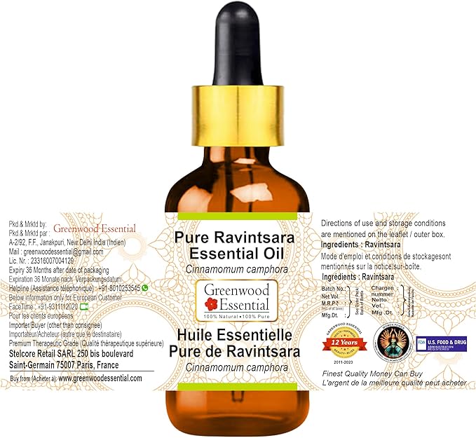 Greenwood Essential Ravintsara Essential Oil (Cinnamomum camphora) with Glass Dropper | Pure | Non-Sticky | Non-Greasy | Lightweight | Men & Women | All Skin Types | Steam Distilled 100ml (3.38 oz)