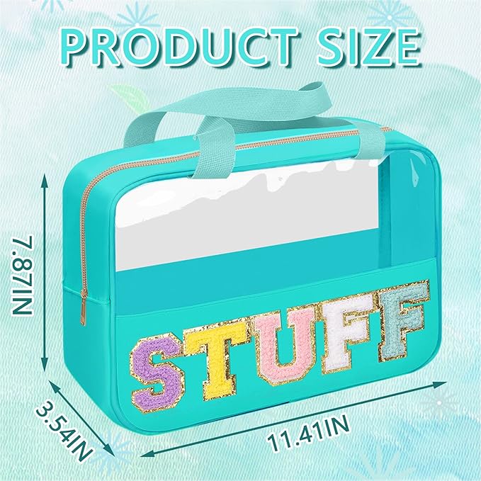 Chenille Letter Patch Stuff Bag, Preppy Clear Makeup Cosmetic Bag Large Toiletry Storage Tote Bag with Handle, Transparent Nylon Waterproof Organizer Zipper Pouch for Travel Women Girls(Green)