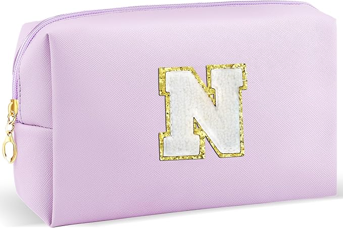 Gifts for Girls Initial Makeup Bag Personalized Cosmetic Bag with Zipper Cute Travel Toiletry Bag Waterproof PU Preppy Makeup Pouch Birthday Gift for Teen Girls Women(Purple N)