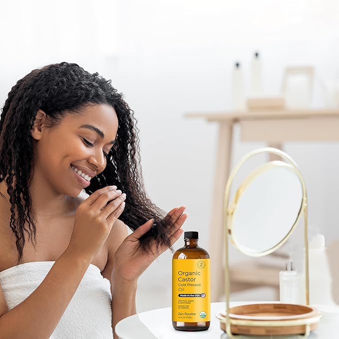 Zen Routine Organic Castor Oil (Glass Bottle - 16oz / 2-Pack) Hexane Free – Hair Growth Oil, Eye Lashes & Stomach, Pure 100% Cold Pressed Unrefined Castor Pack Wrap – USDA Certified, Made in the USA