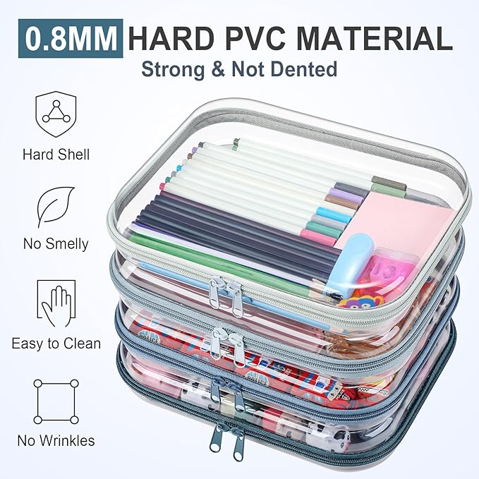 Hoolerry 4 Pcs Hard Clear Zipper Case Makeup Bags Plastic Pencil Pouch Transparent Storage Box Containers for Cosmetics, Snacks, Building Blocks, Puzzles(Morandi,9.8 x 7.9 x 2 in)