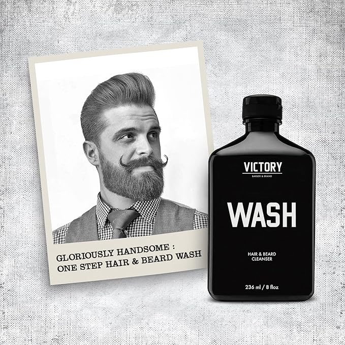 Victory Barber & Brand Beard Wash - Made in USA, Men's All-in-One Shampoo and Conditioner, Hydrating, Smoothening, Softening, 8.4 Fl Oz