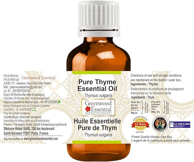 Greenwood Essential Thyme Essential Oil (Thymus vulgaris) Pure | Non-Sticky | Non-Greasy | Lightweight | Men & Women | All Skin Types | Steam Distilled 100ml (3.38 oz)