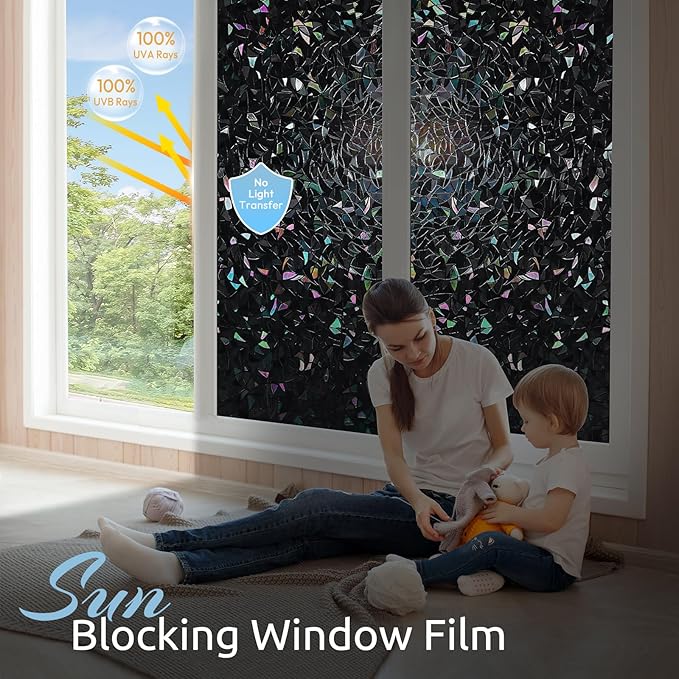 rabbitgoo Window Privacy Film Rainbow Film Decorative Window Sticker, 3D Static Stained Glass Cling Tint for Room Darkening Day Sleep, Black, 29.5 x 78.7 inches