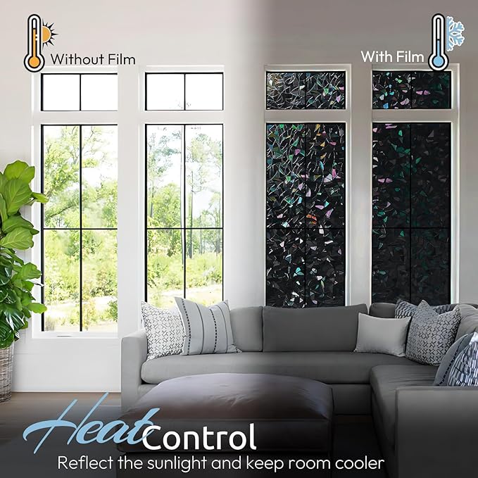 rabbitgoo Window Privacy Film Rainbow Film Decorative Window Sticker, 3D Static Stained Glass Cling Tint for Room Darkening Day Sleep, Black, 17.5 x 78.7 inches