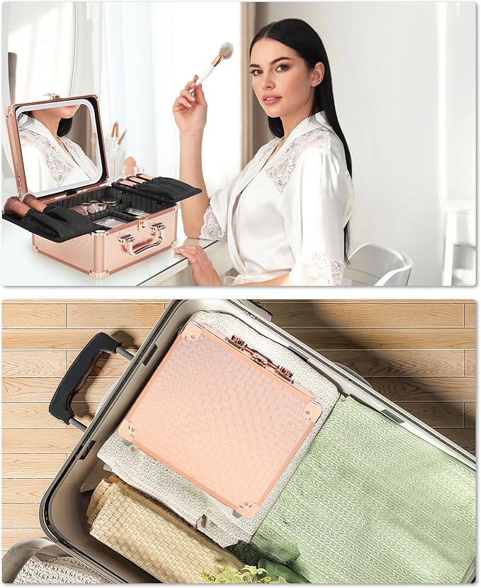 Relavel Makeup Bag with LED Mirror, Makeup Box Travel Train Case with Rechargeable Lighted Mirror, Cosmetic Brush Organizer Storage for Makeup Artists Gifts for Women and Girls, Rose Gold