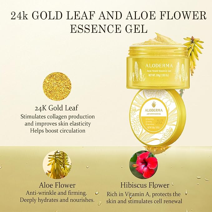 Aloderma Age-Defying 24K Gold Leaf Aloe Flower Essence Gel, Made within 12 Hours of Harvest - Luxurious Aloe Gel with Allantoin & Hyaluronic Acid for a Glowing, Shimmering, Youthful Complexion, 7oz