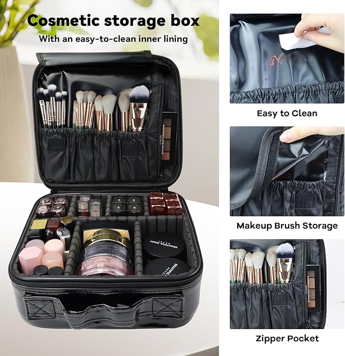 Travel Makeup Bag Makeup Cosmetic Train Case Organizer Portable Storage Bag with Adjustable Dividers for Cosmetics Makeup Brushes Toiletry Jewelry Black Laser Grid Pattern