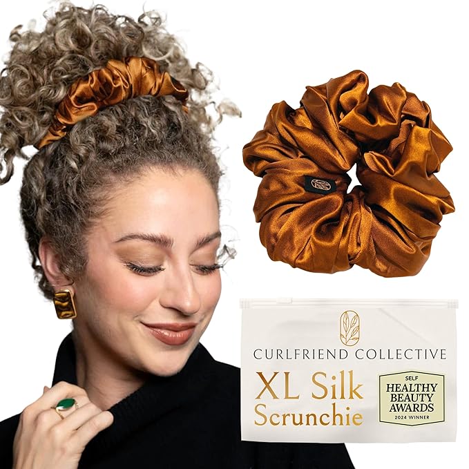 Silk Scrunchies for Women Ponytail Holders – Oversized Mulberry Silk Scrunchies – Extra Large No Damage Hair Ties for Curly, Thick, and Thin - Hair Accessories for Women – Pumpkin, XL By Curlfriend