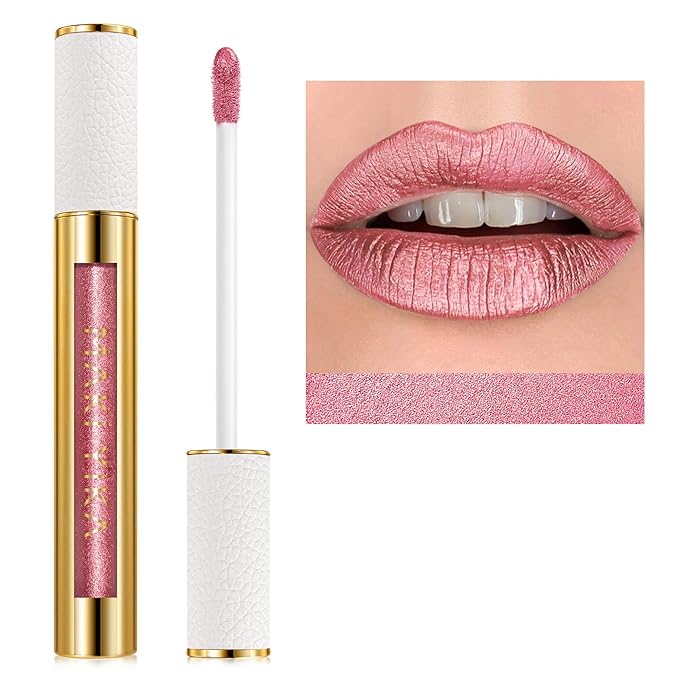 MAKI YIKA Pink Nude Lipstick for Women Metallic Lipsticks Glitter Long Lasting Lipstick No Smudge No Transfer Liquid Lip Gloss (BR017 Love Fighter)
