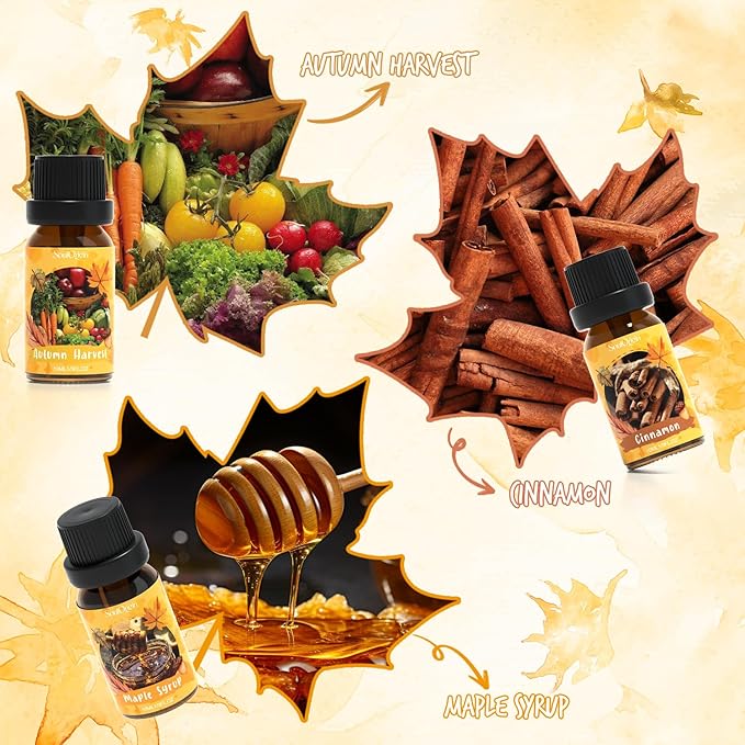Autumn Fragrance Oils Set, Essential Oil for Diffuser, Fall Scent Diffuser Oil, Use for Soap Candle Making,Pumpkin Spice, Spiced Cider, Maple Syrup, Autumn Harvest, Cinnamon, and Apple Pie