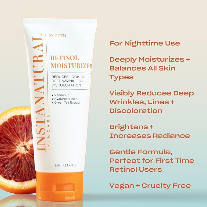 InstaNatural Retinol Moisturizer Nighttime Face Moisturizing Cream, Brightens and Reduces Signs of Aging, Wrinkles, Lines and Discoloration, with Vitamin C and Hyaluronic Acid, 3.4 Fl Oz