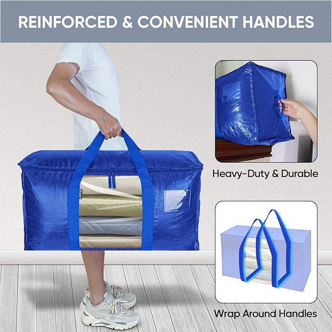 BALEINE 8-Pack Oversized Moving Bags with Reinforced Handles, Heavy-Duty Storage Tote Moving Supplies for Packaging, Camping (Blue w/Window, 8-Pack)
