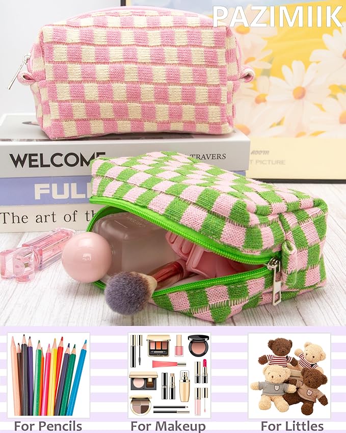 PAZIMIIK 6PCS Checkered Makeup Bag for Purse Portable Zipper Make Up Pouch Small Cosmetic Case for Travel Accessories Pink Green