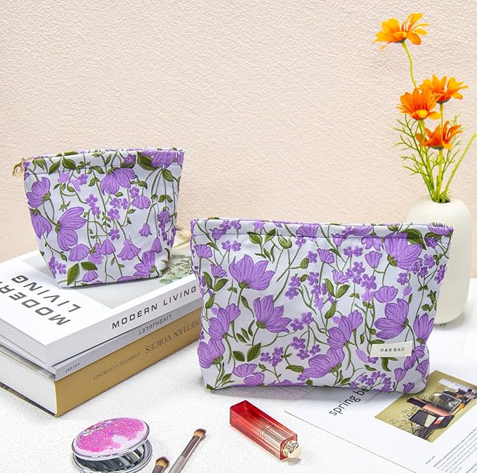 2 Pcs Makeup Bags, Large Cosmetic Bag Travel Toiletry Bag Organizer for Women, Embroidery Craft, Floral Makeup Bag Small Cosmetic Pouch Purse with Zipper Gifts for Girls Teen
