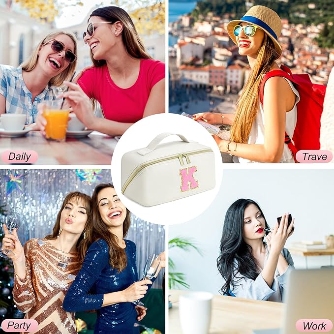 for Christmas Day Gifts, Makeup Bag for Women, PU Leather Travel Toiletry Bags, Initial Make Up Cosmetic Pouch for Teen Girls, Wide Open Portable Skincare Bag, Personalized Birthday Gifts, White W