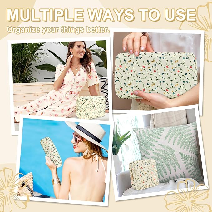 Waterproof Mini Floral Makeup Bag Pouch for Purse,Nylon Flower Cosmetic Bag Small Preppy Toiletry Organizers Bag for Women Girl,Cute Zipper Pouch Coin Purse for Work(Mini Light Yellow-Flowers)