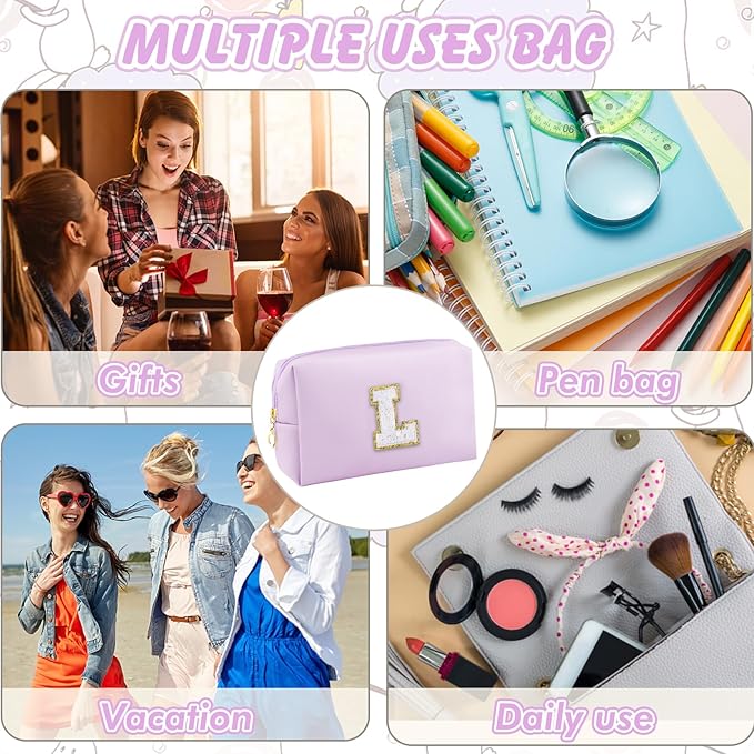 Gifts for Girls Initial Makeup Bag Personalized Cosmetic Bag with Zipper Cute Travel Toiletry Bag Waterproof PU Preppy Makeup Pouch Birthday Gift for Teen Girls Women(Purple L)