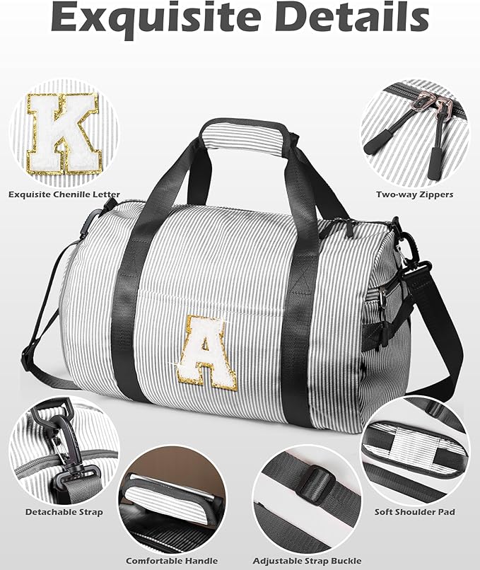 Cute Preppy Gift, Girls Travel Duffle Bag, Kids Initial Overnight Bags with Shoe Compartment, Monogram Weekender Bag with Makeup Pouch, Chenille Birthday Gifts for Teen (Letter D)