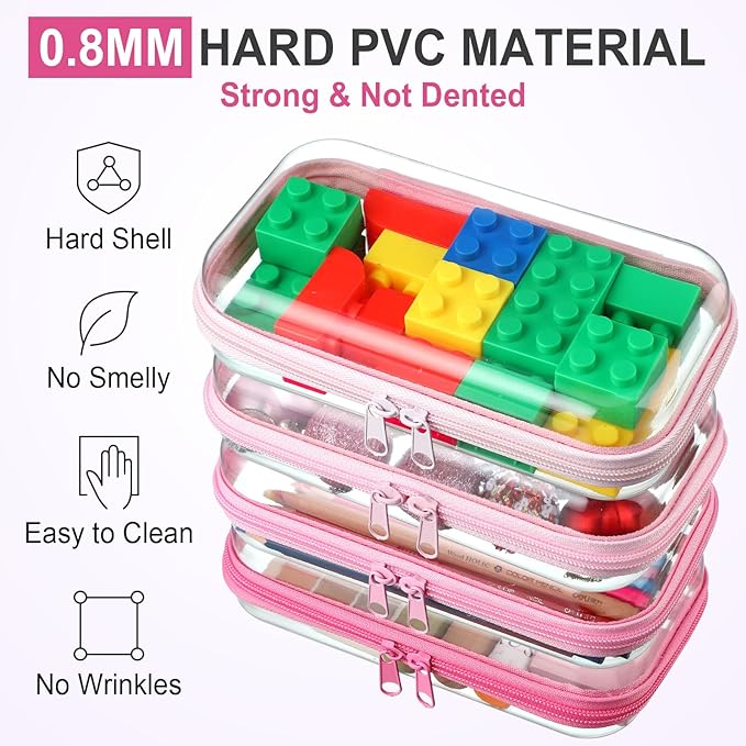 Hoolerry 4 Pcs Hard Clear Zipper Case Makeup Bags Plastic Pencil Pouch Transparent Storage Box Containers for Cosmetics, Snacks, Building Blocks, Puzzles(Pink,7.5 x 3.9 x 2 in)