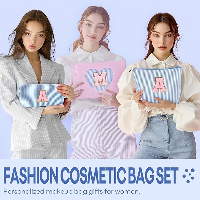 mibasies 2 PCS Initial Makeup Bags for Women: - Birthday Gifts for Teen Girls 11 12 13 14 15 16 Years Old - Preppy Trendy Stuff - Cosmetic Bag for Travel Toiletry - Blue S