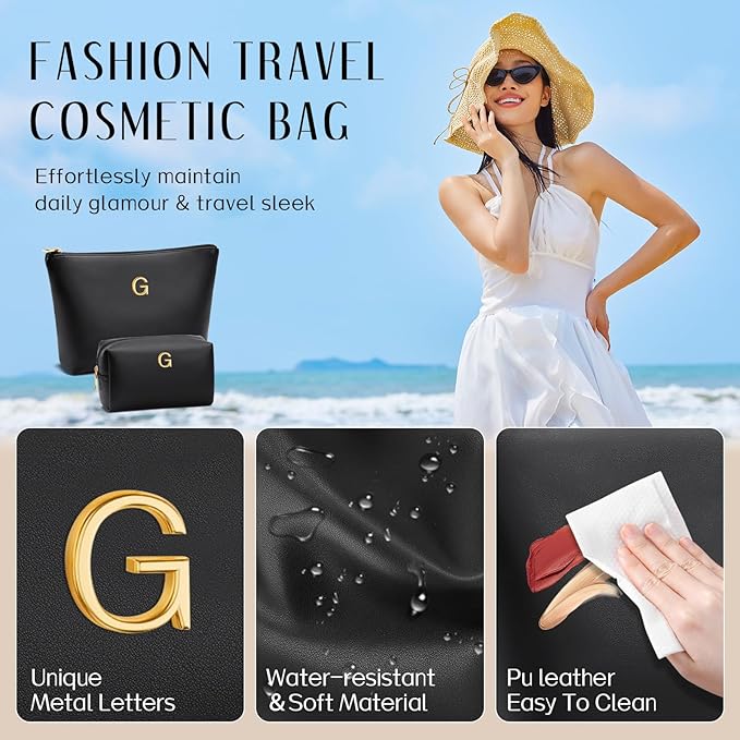 Women Gifts | Initial Makeup Bag Set for Girl Personalized Gifts for Bridesmaid Friend Graduation Teachers PU Leather Cosmetic Travel Toiletry Bag(Black,G)