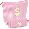 2 PCS Initial Makeup Bags for Women: Cosmetic Bag for Travel Toiletry - Birthday Gifts for 11 12 13 14 15 16 17 18 Years Old Girl Graduation Teacher Gift- Teen Girl Gifts Trendy Stuff - Pink S