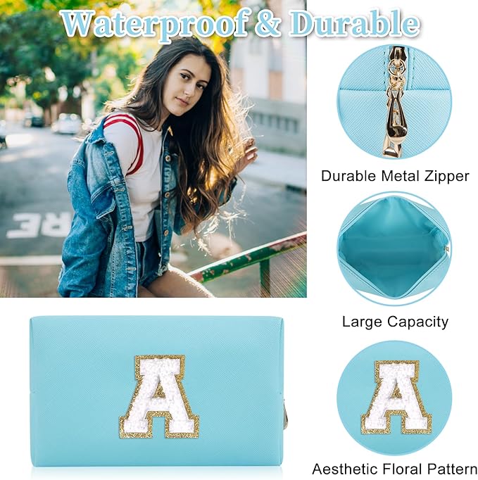 Personalized Initial Letter Patch Makeup Bag, Preppy Portable Chenille Cosmetic Bag with Zipper, PU Leather Waterproof Travel Toiletry Bag Monogram Make Up Pouch for Women Girls