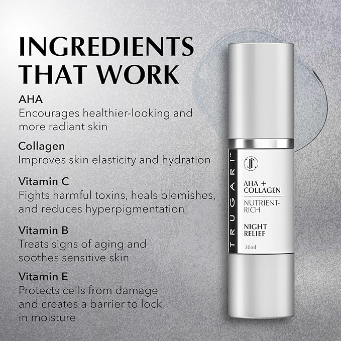 Facial Night Serum with AHA + Collagen, Night Serum for Face, Anti Aging Night Serum, Collagen Boost Anti Aging Serum, Nutrient-Rich Night Face Serum with Vitamins C, B, E, Collagen Skin Care