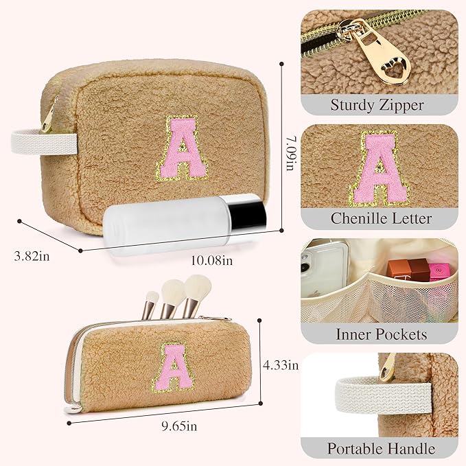 for Christmas Day Gifts, Personalized Initial Cosmetic Bag Pouch for Teen Girls, Preppy Makeup Travel Bags for Daughter Sister Girlfriend, Monogramed Make Up Pouch for Birthday Gifts - Brown W
