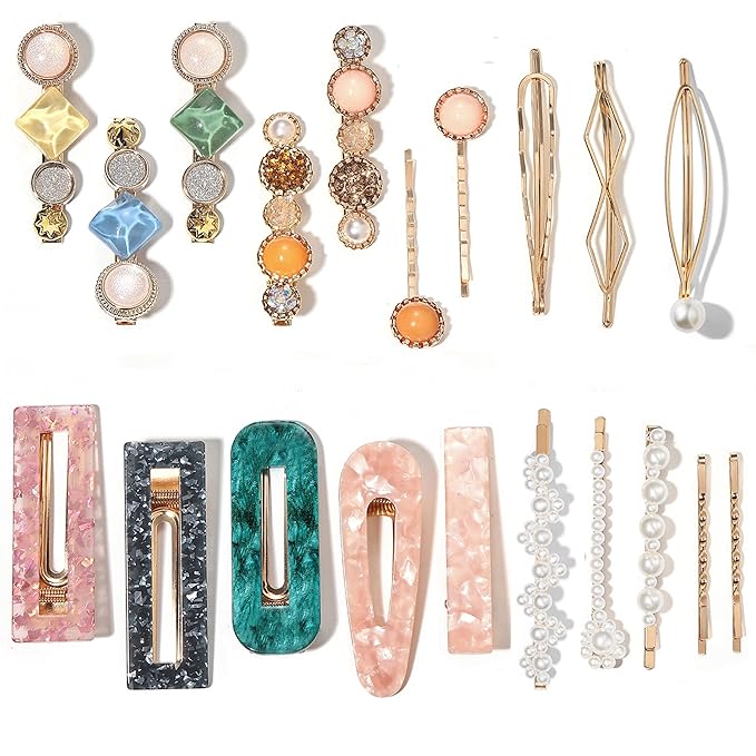 Mehayi 20 PCS Pearls and Acrylic Resin Hair Clips, Handmade Hair Barrettes, Marble Alligator bobby pins, Glitter Crystal Geometric Hairpin, Elegant Gold Hair Accessories, Gifts for Women Girls