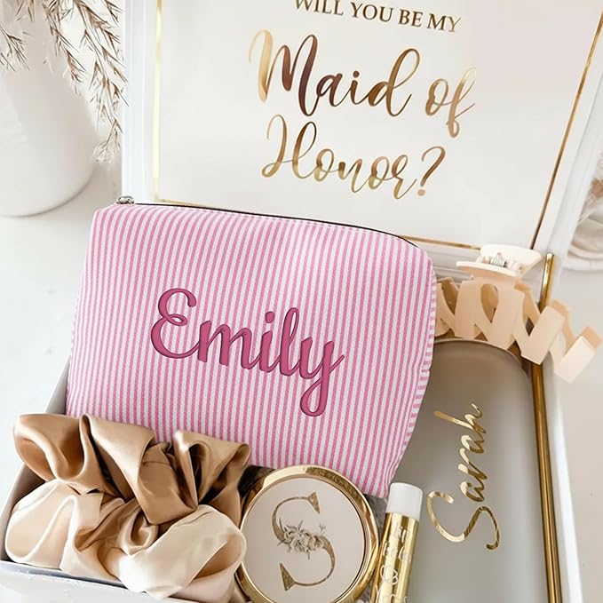 Personalized Seersucker Makeup Bag with Embroidered Name&Birth Flower,Custom Small Travel Cosmetic Bag Toiletry Bag Wedding Gifts for Bridesmaid Bride (Makeup Bag with Name)