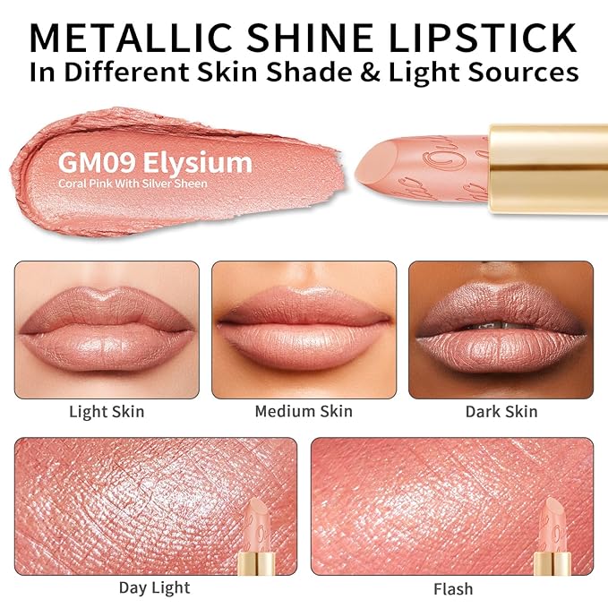 Oulac Coral Pink Matte Lipstick with Glow Metallic Finish - Vegan Lipstick for Women, Creamy Texture, Hydrating Clean Beauty Formula, High-End Magnetic Hook Design, GM09 Elysium