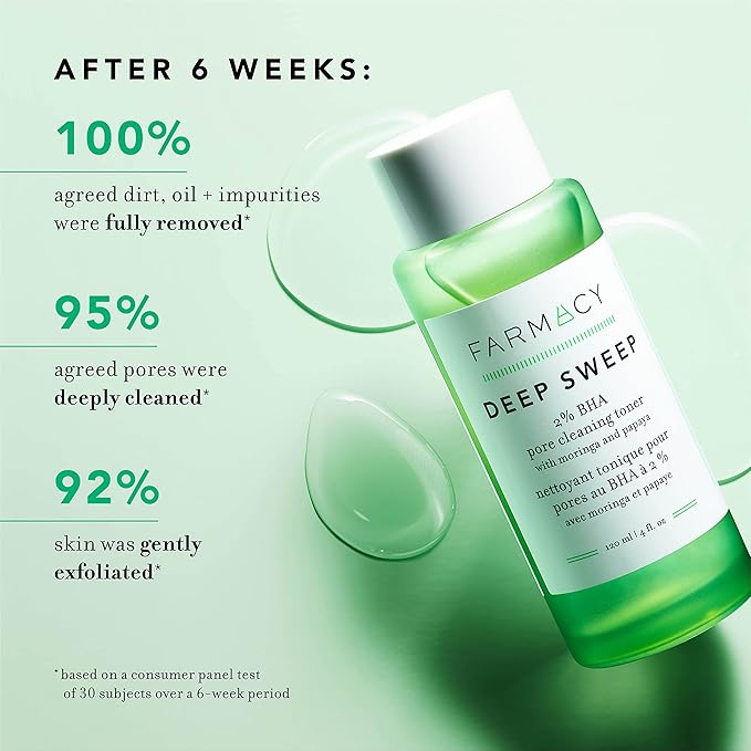 Farmacy 2% Salicylic Acid Toner for Face - Deep Sweep Gentle BHA Exfoliant for Oily Skin - Refines Texture with Papaya Enzymes & Moringa Water for a Healthy-Looking Complexion (50ml)