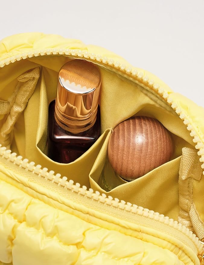 Yarnic Quilted Makeup Bag Cosmetic Bag, Travel Toiletry Bag for Women, Cute Makeup Bag Organizer Puffer Makeup Pouch (Yellow, S)